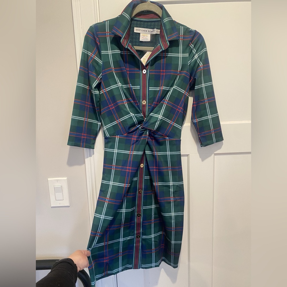 Gretchen Scott Designs Green Plaid Tie-Front Midi Dress